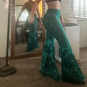 Green Lace Flare Pants - Little black diamond